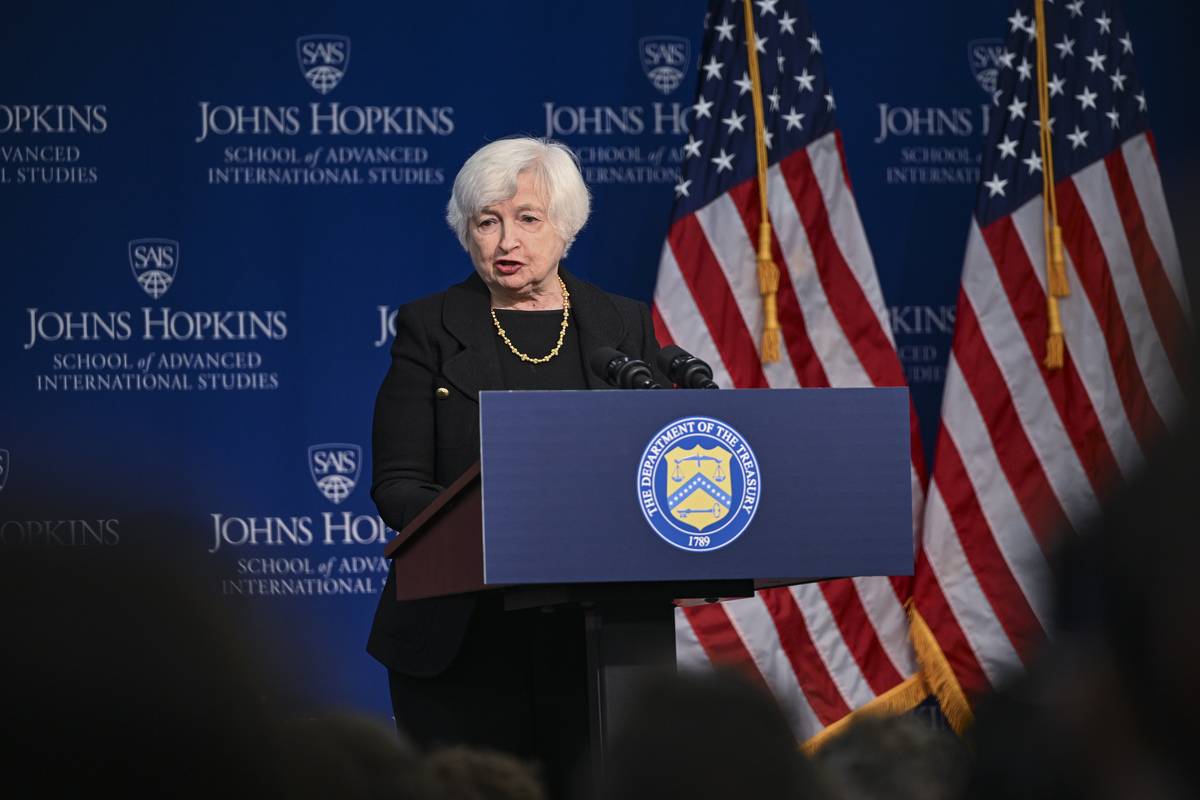 US Treasury Secretary Janet Yellen makes statements to the press at Johns Hopkins University on the economic relations between the United States and China [Celal Güneş - Anadolu Agency]