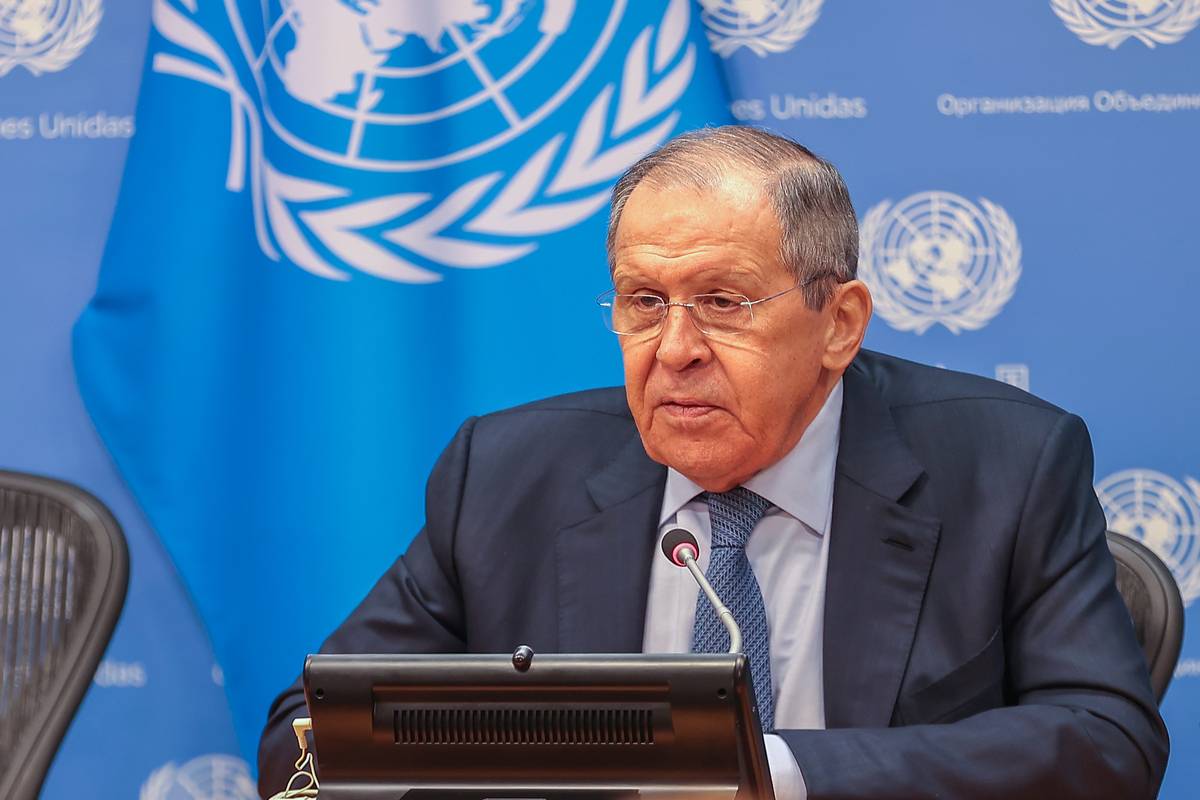 Russian Foreign Minister Sergey Lavrov makes a speech as he holds a press briefing at the United Nations Headquarters in New York, United Nations on April 25, 2023 [Selçuk Acar - Anadolu Agency]