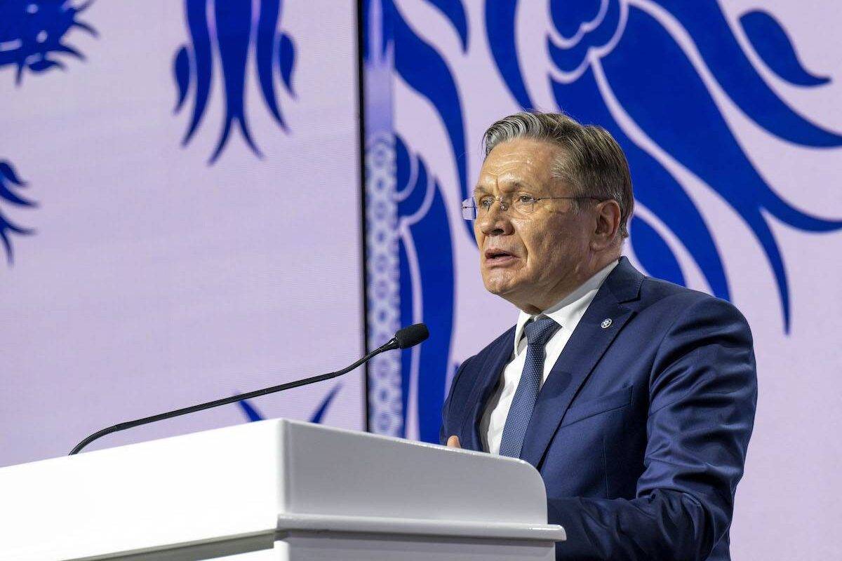 Rosatom President Alexey Likhachev speaks during the Turkiye's first Nuclear Power Plant Akkuyu (NPP) first nuclear fuel delivery ceremony in Mersin, Turkiye on April 27, 2023 [Aytaç Ünal - Anadolu Agency]