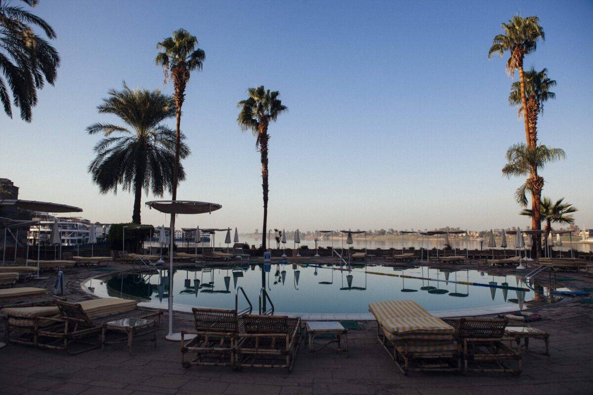 The swimming pool area at a high end hotel stands empty beside the Nile River shore on October 23, 2013 near Luxor, Egypt [Ed Giles/Getty Images]