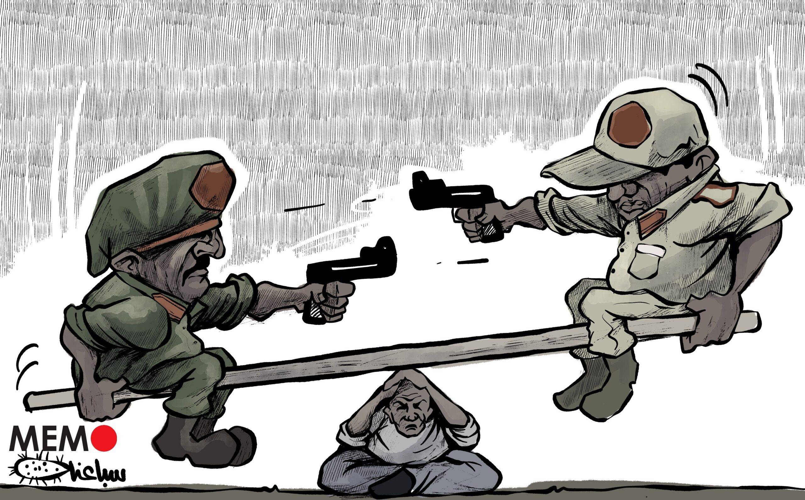 Power struggle in Sudan, between Genersl Abdel Fattah Abdelrahman al-Burhan and his Deputy Mohamed Hamdan Dagalo - Cartoon [Sabaaneh/Middle East Monitor]