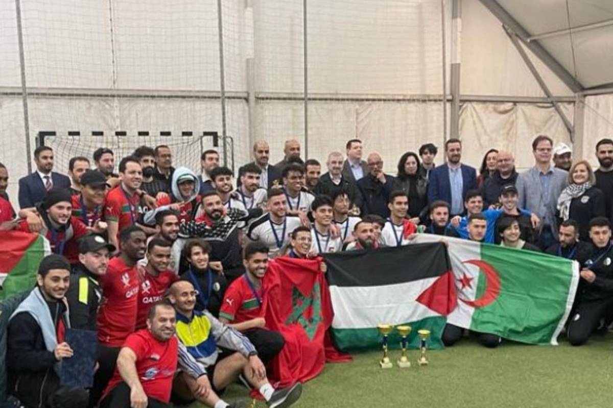 The Palestinian community team celebrate after they win the Arab Football Championship title in Hungary in April 2023. The team scored a winning goal against Algeria [@WAFANewsEnglish/ Twitter]