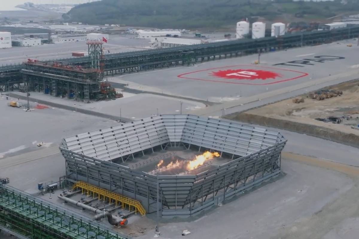 A screen grab captured from a video shows that the natural gas reached to the land is tested in the gas combustion unit at Filyos Natural Gas Processing Facility in Zonguldak, Turkiye on April 18, 2023. [Turkish Petroleum Corporation/AA]