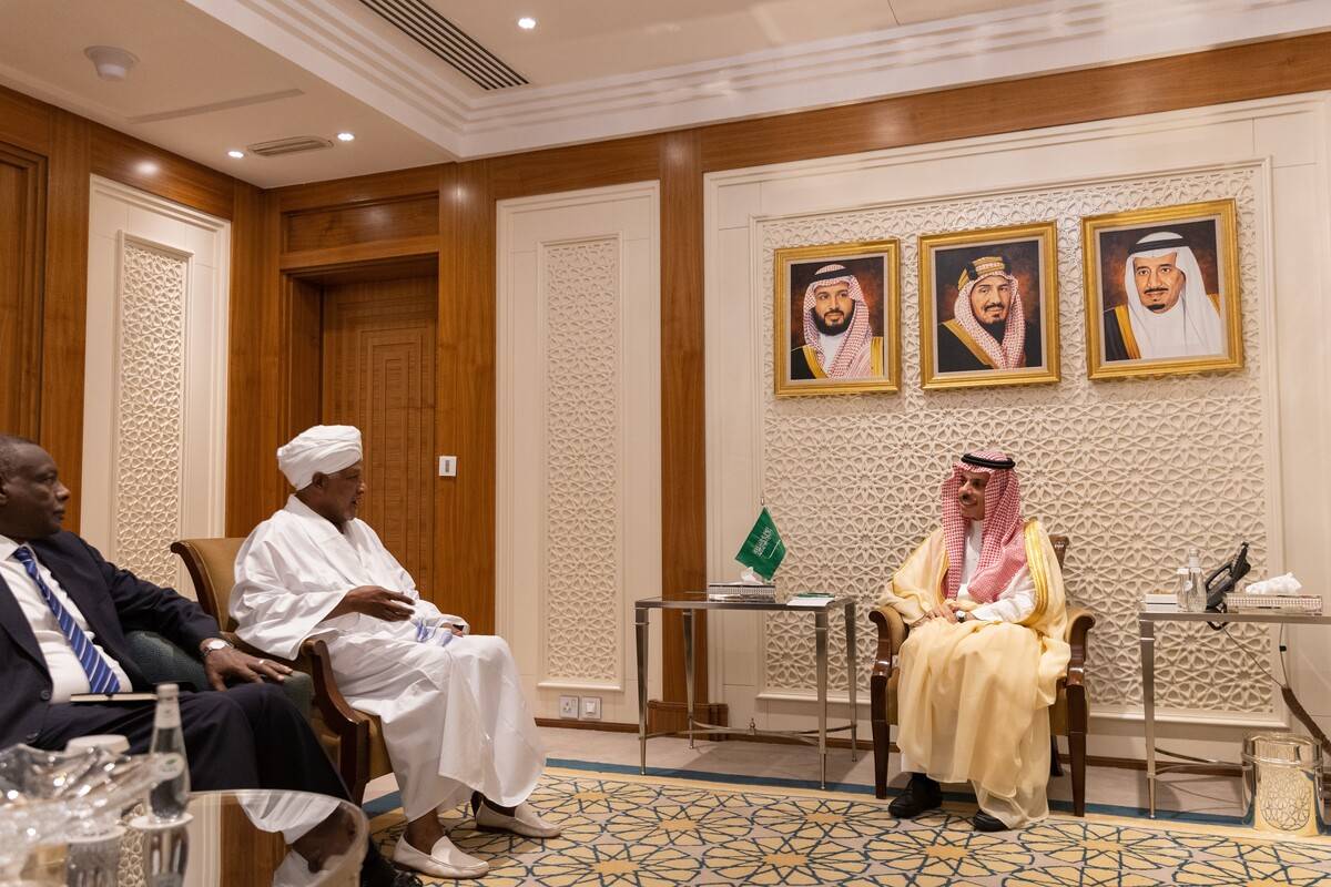 Faisal bin Farhan Al Saud, Minister of Foreign Affairs of Saudi Arabia (R) meets with Defullah al-Hajj al-Ali (2nd L), Special Representative of Sudanese Army Commander General Abdul Fattah al-Burhan in Riyadh, Saudi Arabia on April 30, 2023. [Saudi Arabian Foreign Ministry - Anadolu Agency]