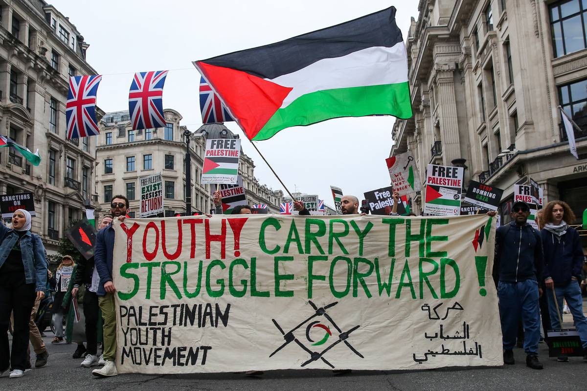 Thousands of activists march and rally for ‘Free Palestine – End Apartheid’ in central London, United Kingdom on May 13, 2023, organised by, Palestine Solidarity Campaign UK to mark the 75th anniversary of Nakba. [Dinendra Haria - Anadolu Agency]