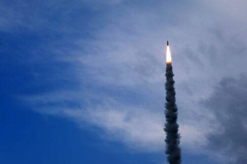 Tayfun, Turkiye's longest-range missile ever is seen after the new test launch near the Rize-Artvin Airport in Rize, Turkiye on May 23, 2023. [Muhittin Sandıkçı - Anadolu Agency]