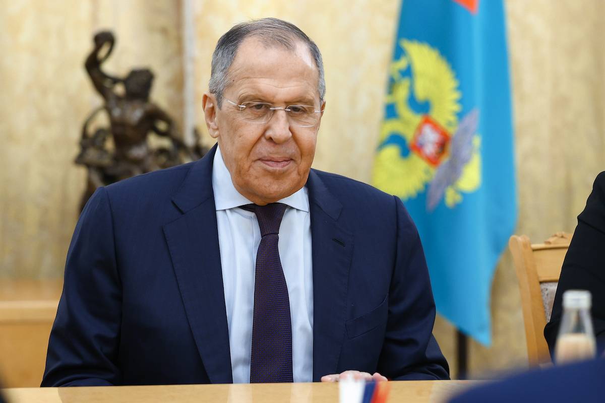 Russian Foreign Minister Sergei Lavrov speaks with Special Representative of the Chinese Government on Eurasian Affairs Li Hui (not seen) at the Russian Foreign Ministry headquarters in Moscow, Russia on May 26, 2023 [Russian Foreign Ministry - Anadolu Agency]