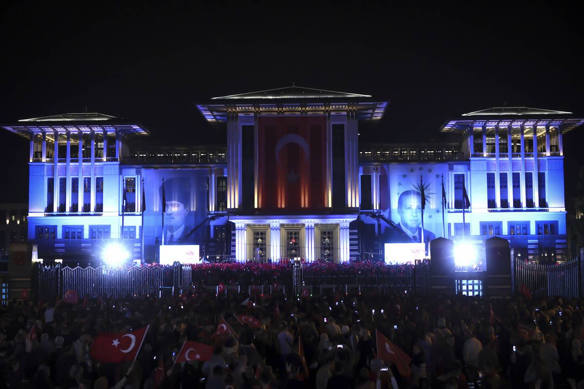 Supporters of Turkish President Recep Tayyip Erdogan gather at the Presidential Complex as Turkish President Recep Tayyip Erdogan addresses to celebrate reelection victory in presidential runoff in Ankara, Turkiye on May 28, 2023 [Halil Sağırkaya - Anadolu Agency]