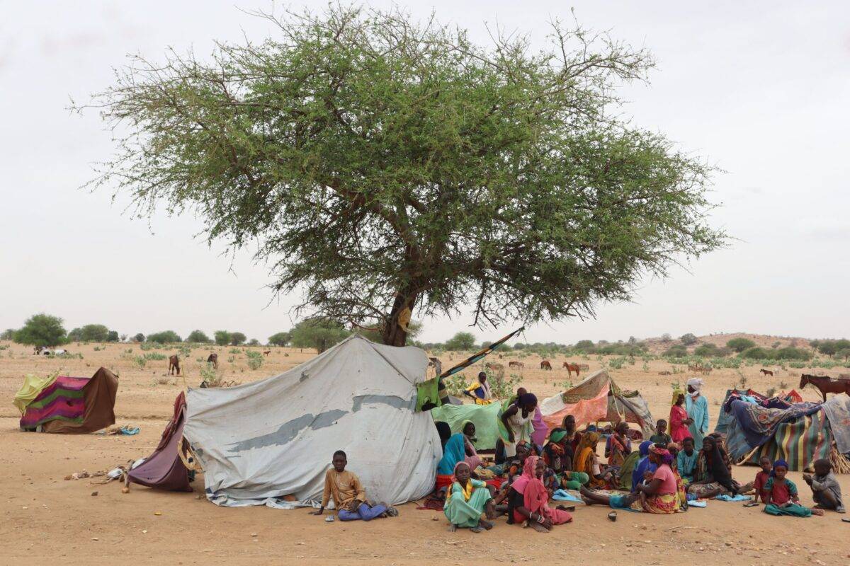 Sudanese refugees who crossed into Chad gather next to a makeshift shelter at a camp in Koufroun, near Echbara, on May 1, 2023 [GUEIPEUR DENIS SASSOU/AFP via Getty Images]