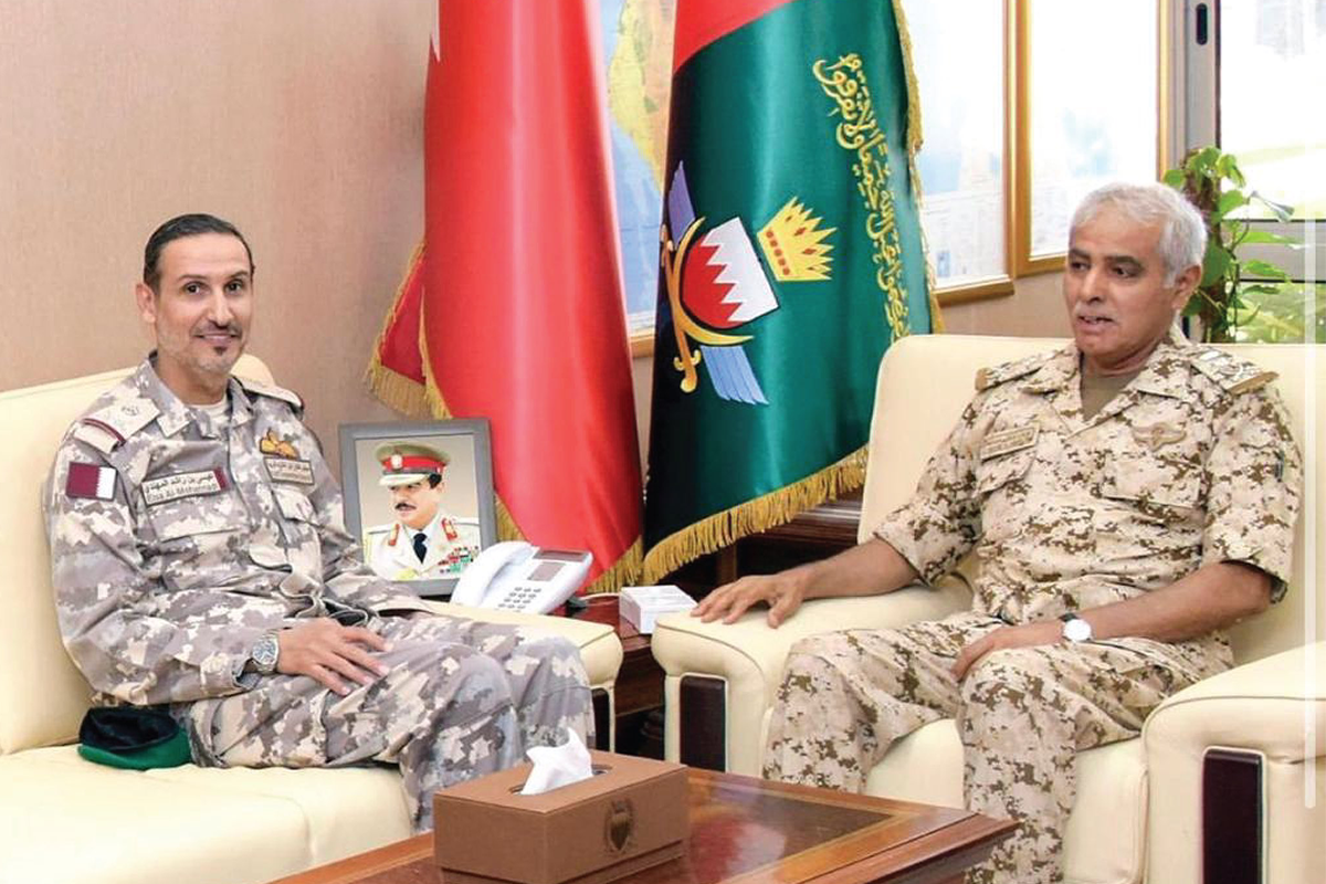 Bahrain's Chief of Staff Lieutenant General Thiab Bin Saqr Al Nuaimi receives the Assistant Secretary for Military Affairs at the General Secretariat of the Gulf Cooperation Council Major General Isa bin Rashid Al Mohannadi on 15 May 2023 [@GCCSG/Twitter]