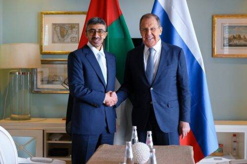 Russian Foreign Minister Sergey Lavrov and Foreign Minister of United Arab Emirates, Sheikh Abdullah bin Zayed Al Nahyan meet within the "BRICS Foreign Ministers Meeting" in Cape Town, South Africa on June 2, 2023. [Russian Foreign Ministry - Anadolu Agency]