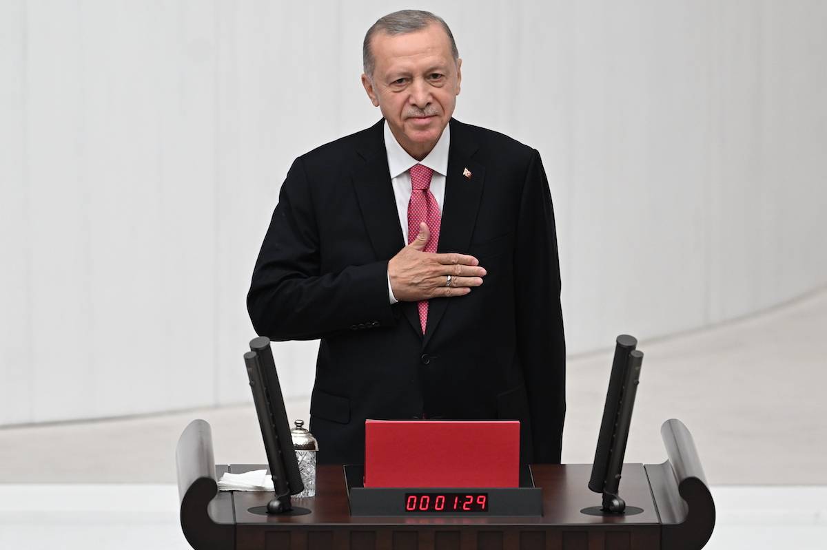 Turkish President Recep Tayyip Erdogan takes the oath of office to become Turkiye's president at Turkish Parliament in Ankara, Turkiye on June 03, 2023 [Evrim Aydın - Anadolu Agency]