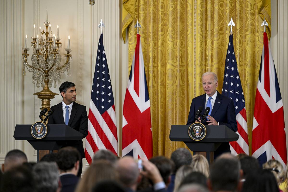 US President Joe Biden (R) and United Kingdom’s Prime Minister Rishi Sunak (L) hold a joint press conference at the White House in Washington D.C., United States on June 8, 2023 [Celal Güneş/Anadolu Agency]