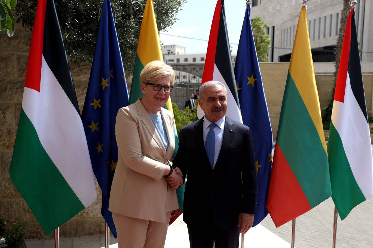 Lithuanian Prime Minister Ingrida Simonyte (L) is welcomed by Palestinian Prime Minister Mohammad Shtayyeh (R) in Ramallah, West Bank on June 12, 2023 [Issam Rimawi/Anadolu Agency]