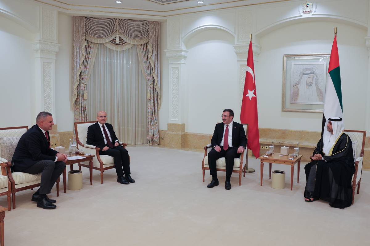 Turkish Vice President Cevdet Yilmaz (2nd R), Turkish Finance Minister Mehmet Simsek (2nd L) meet with UAE Justice Minister of Treasury and Finance Abdullah Sultan bin Awad Al Nuaimi (R) after welcoming ceremony in Abu Dhabi, United Arab Emirates on June 22, 2023. [Barış Oral - Anadolu Agency]