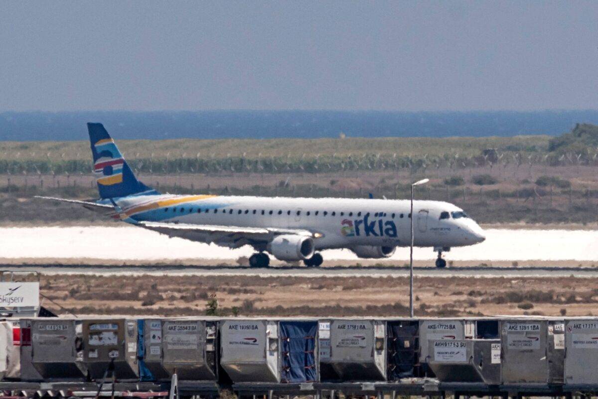 A plane of the Israeli airline Arkia, carrying forty Palestinians aboard the first flight from Israel's Ramon airport, lands at Larnaca International Airport in Cyprus on August 22, 2022 [IAKOVOS HATZISTAVROU/AFP via Getty Images]