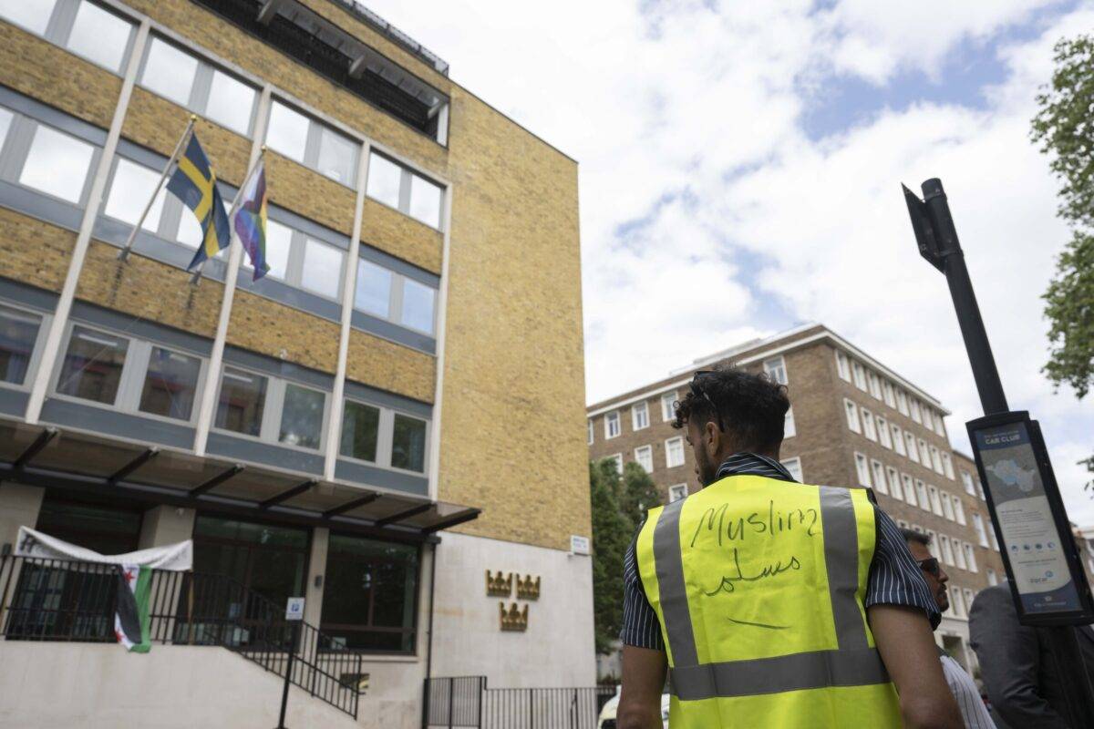 Muslims stage a demonstration against the burning of Holy Quran by an extremist in Stockholm, in front of the Embassy of Sweden in London, United Kingdom on July 02, 2023. [Raşid Necati Aslım - Anadolu Agency]