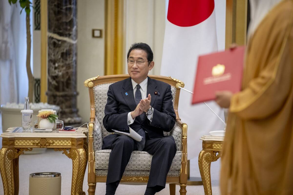 Japan's Prime Minister Fumio Kishida meets UAE Crown Prince Sheikh Mohammed bin Zayed Al Nahyan as they take part in signing agreement ceremonies between two countries at Al Watan Palace in Abu Dhabi, United Arab Emirates on July 17, 2023 [UAE Presidential Court - Anadolu Agency]