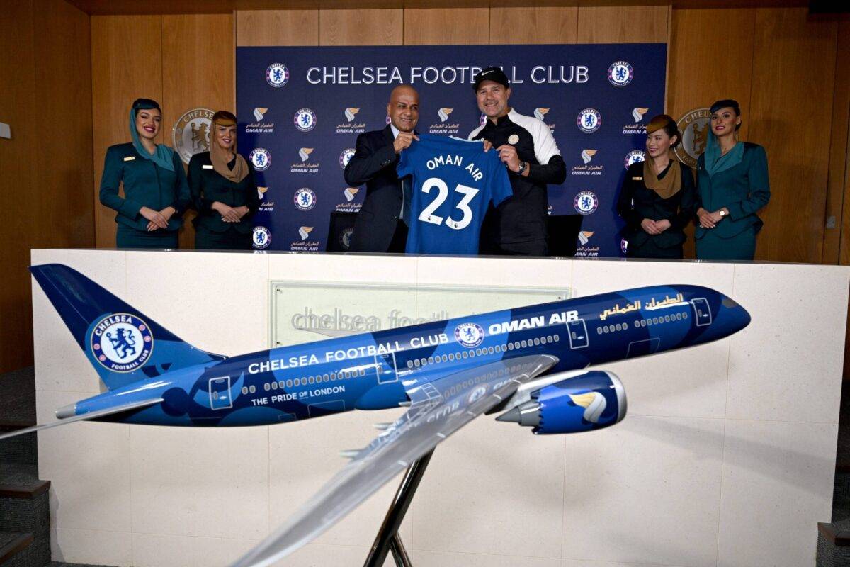 Oman Air CEO Abdulaziz Al-Rais (L) and Chelsea Manager Mauricio Pochettino (R) agreed on 6 July 2023 to a three-year sponsorship deal which will see Omar Air become the football club’s global airline partner [Chelsea FC]
