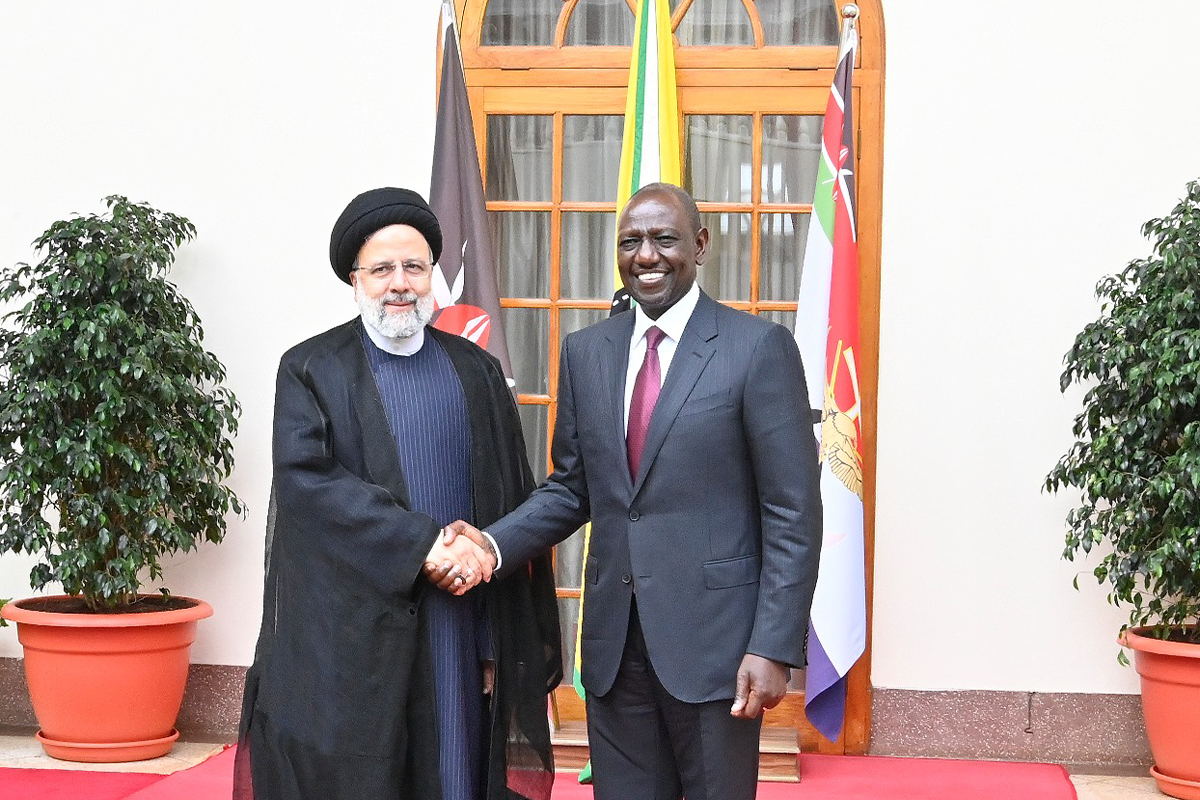 Iranian President Ebrahim Raisi welcomed by Kenyan president William Samoei Ruto on 12 July, 2023 in Nairobi, Kenya [@WilliamsRuto/Twitter]