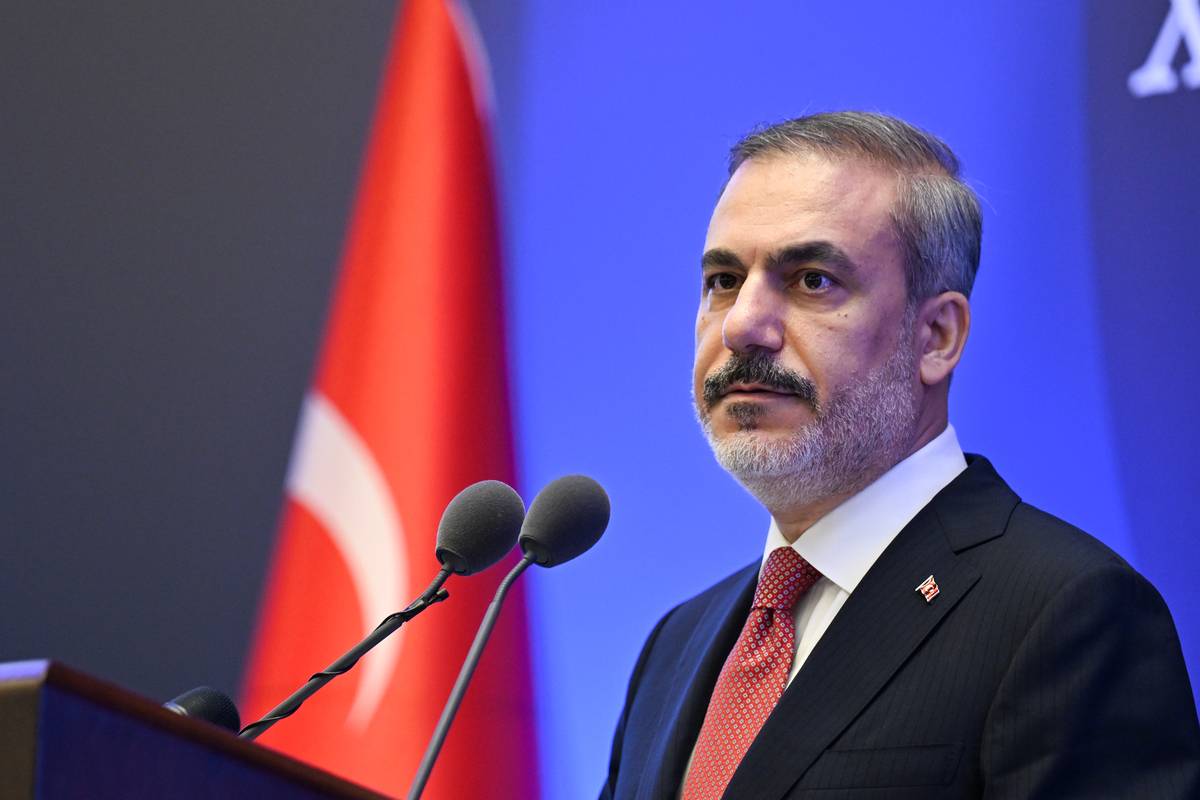 Turkish Foreign Minister Hakan Fidan delivers a speech as he attends the opening of 14th Ambassadors Conference at the Presidential Complex on August 7, 2023 [Murat Gök/Anadolu Agency]