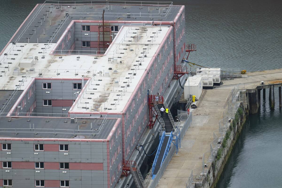 An aerial view of the Bibby Stockholm barge as the first batch of UK asylum seekers embark on it in Dorset, United Kingdom on August 07, 2023 [Raşid Necati Aslım/Anadolu Agency]