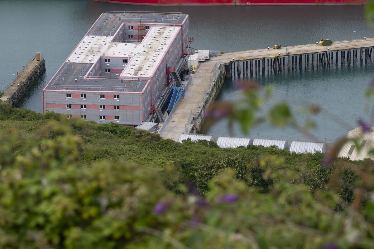 An aerial view of the Bibby Stockholm barge as the first batch of UK asylum seekers embark on it in Dorset, United Kingdom on August 07, 2023 [Raşid Necati Aslım - Anadolu Agency]