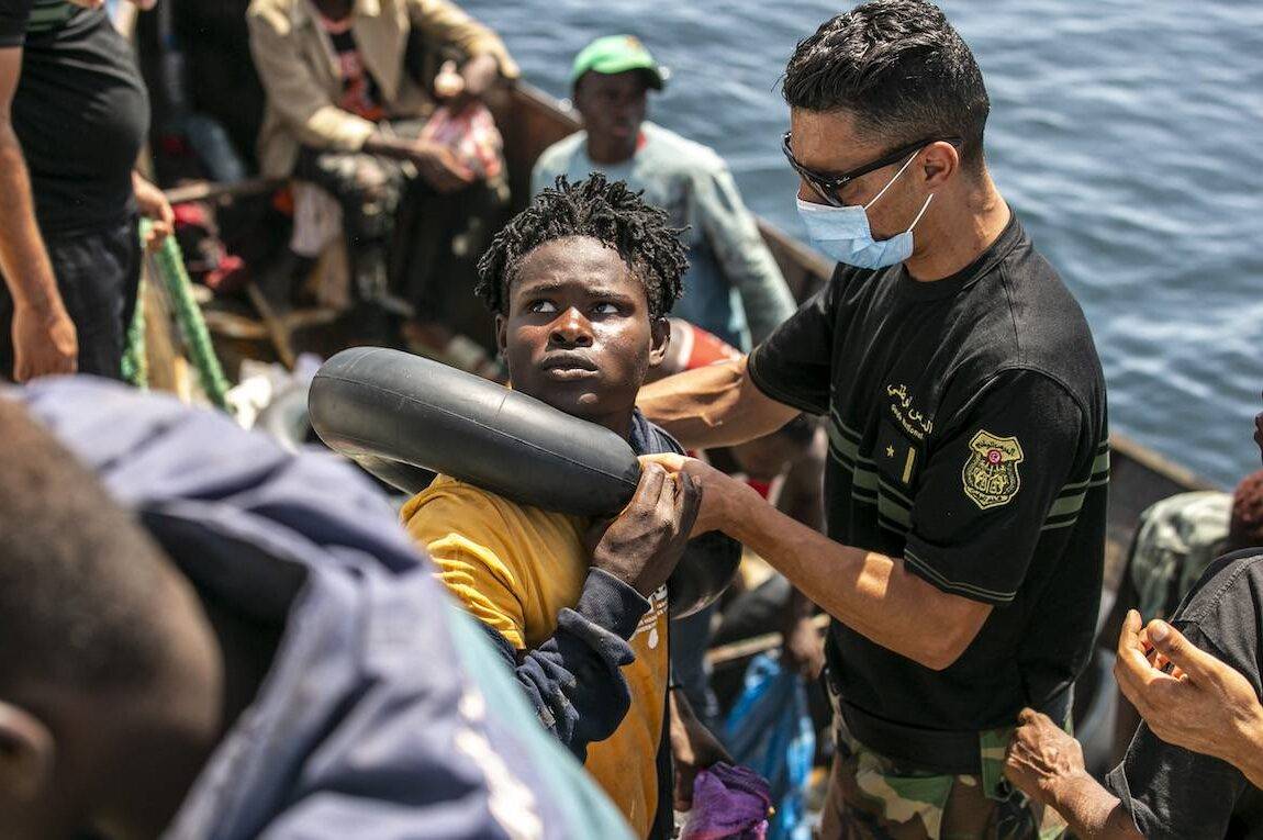 The Tunisian National Guard rescues irregular migrants off the city of Sfax as they try to make their way to Europe on 12 August 2023. [Yassine Gaidi - Anadolu Agency]