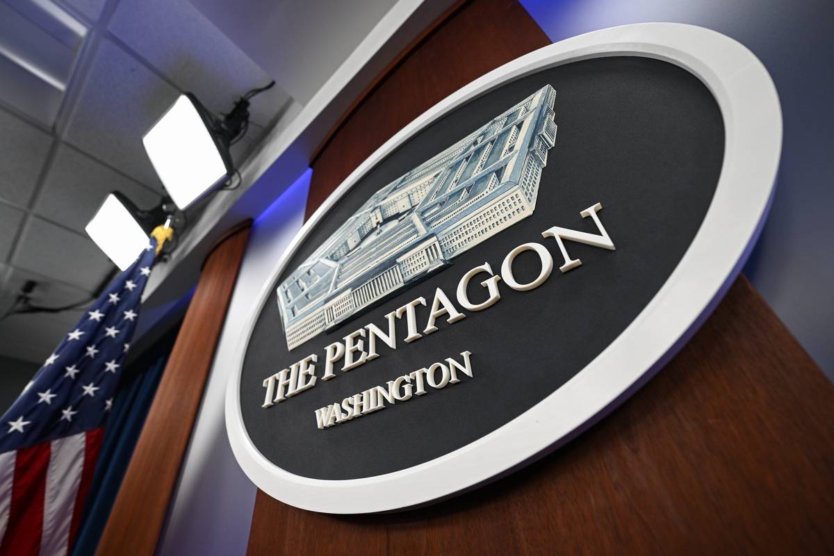 Pentagon logo is seen ahead of a press conference at the Pentagon in Washington D.C., United States on August 15, 2023 [Celal Güneş/Anadolu Agency]