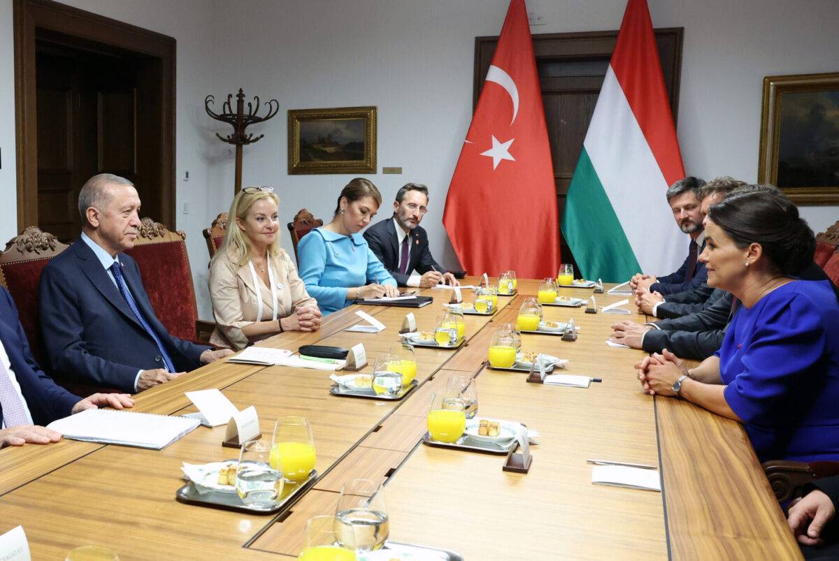 Turkish President Recep Tayyip Erdogan (2nd L) meets with Hungarian President Katalin Novak (R) in Budapest, Hungary on August 20, 2023 [Mustafa Kamacı/Anadolu Agency]