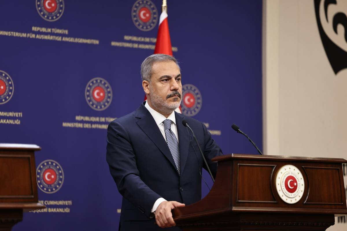 Turkish Foreign Minister Hakan Fidan and Deputy Prime Minister of Bulgaria and Foreign Minister Mariya Gabriel (not seen) hold a joint press conference in Ankara, Turkiye on August 22, 2023 [Murat Gök - Anadolu Agency]