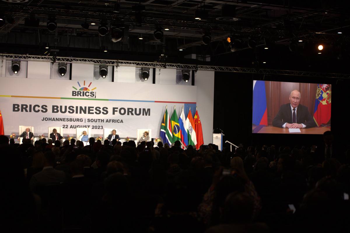Russian President Vladimir Putin (R) attends the 15th BRICS summit via video conference in Johannesburg, South Africa on August 22, 2023 [Murat Özgür Güvendik - Anadolu Agency]
