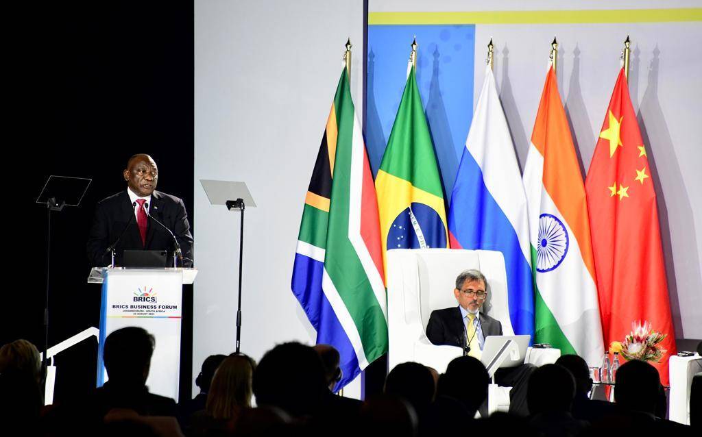 South African President Cyril Ramaphosa (L) makes a speech during the 15th BRICS summit in Johannesburg, South Africa on August 22, 2023. [BRICS / Handout - Anadolu Agency]