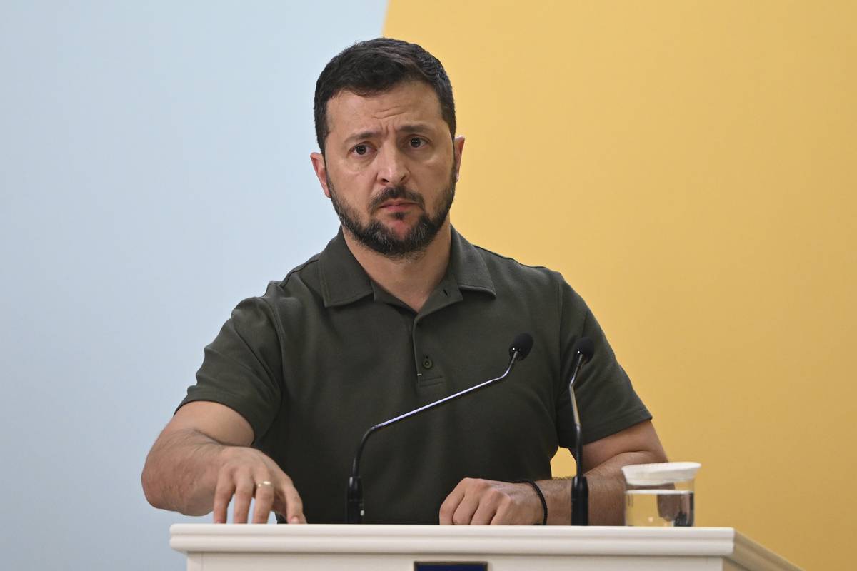 Ukrainian President Volodymyr Zelenskyy gives a speech as he attends the 3rd Crimea Platform summit in Kyiv, Ukraine on August 23, 2023. [Erçin Ertürk - Anadolu Agency]