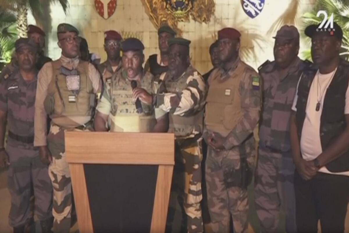 A screen grab captured from a video shows a group of senior Gabonese army officers appear on national television and announced that they had seized power in Gabon, August 30, 2023 [Gabon National Television - Anadolu Agency]