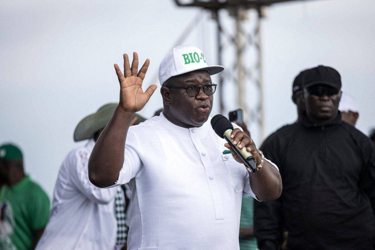 President of Sierra Leone and Leader of Sierra Leone People's party (SLPP), Julius Maada Bio, addresses his supporters during his final campaign rally in Freetown on June 20, 2023 [JOHN WESSELS/AFP via Getty Images]