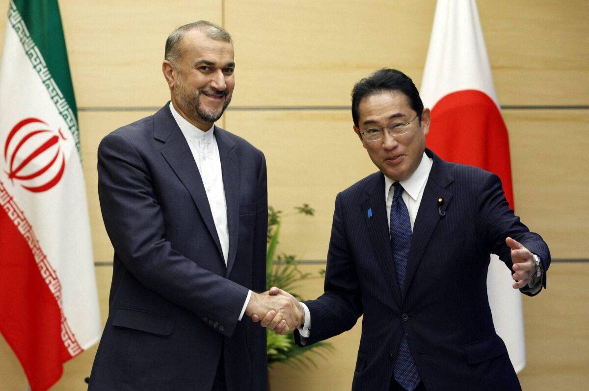 Iranian Foreign Minister Hossein Amirabdollahian (L) meets with Japanese Prime Minister Fumio Kishida at Kishida's official residence in Tokyo on August 7, 2023 [ISSEI KATO/POOL/AFP via Getty Images]