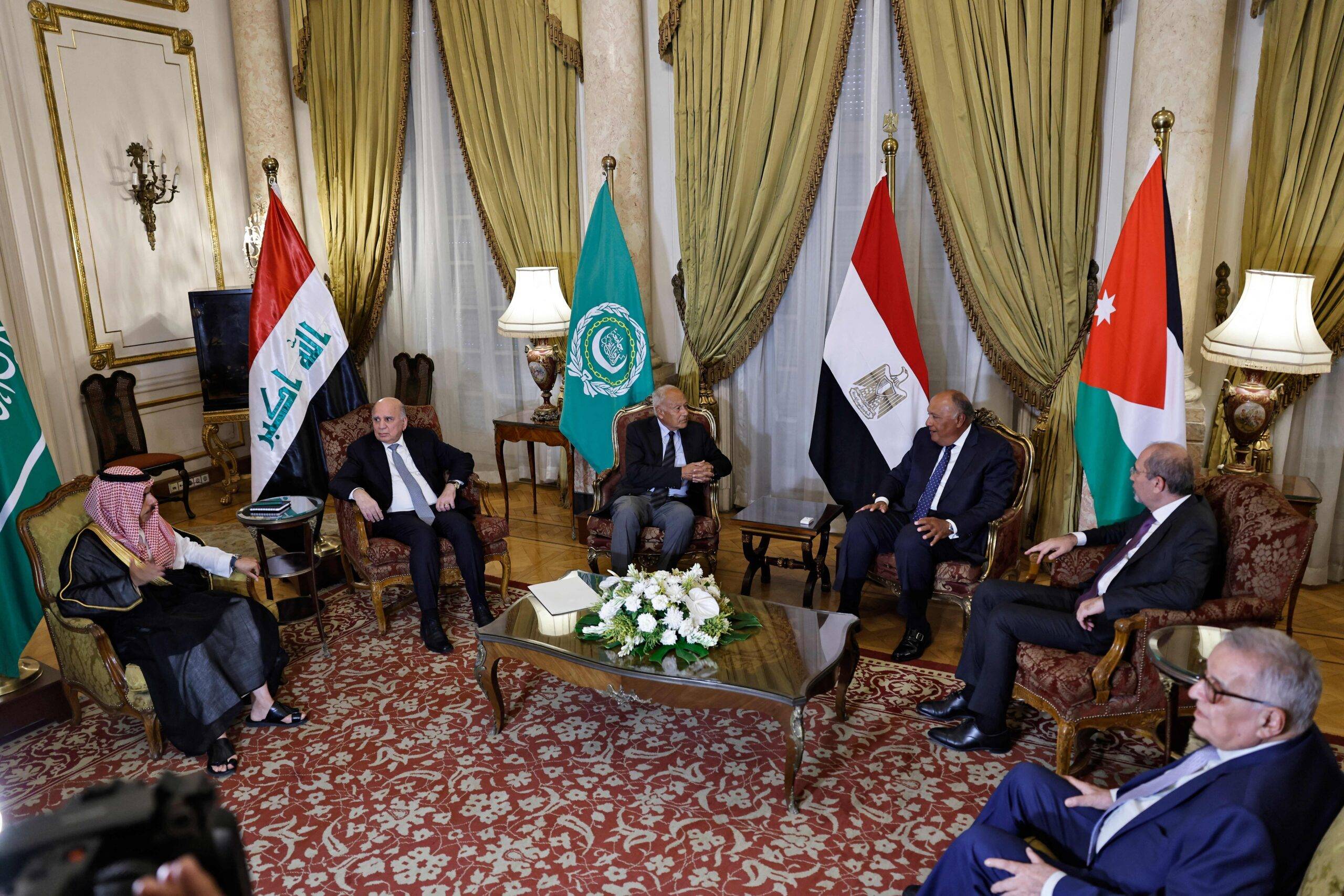 Members of the Arab committee of Syria, Egypt's Foreign Minister Sameh Shoukry (C-R), Arab League Secretary-General Ahmed Aboul Gheit, (C-L), Iraqi Foreign Minister Fuad Hussein (2-L), Saudi Minister of Foreign Affairs Faisal bin Farhan (L), Jordanian Foreign Minister Ayman Safadi (2-R) and Lebanese Foreign Minister Abdallah Bou Habib meet in Cairo on August 15, 2023 [KHALED DESOUKI/AFP via Getty Images]