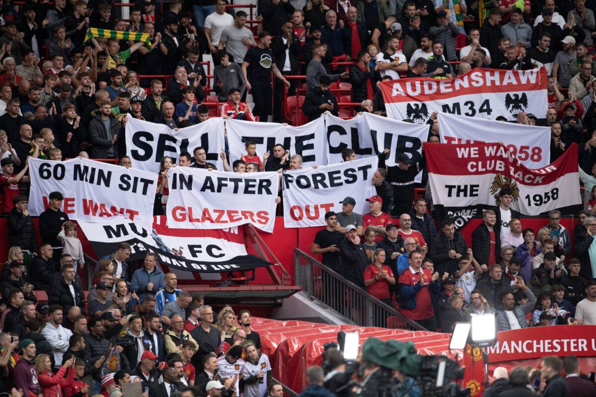 Manchester United fans hold up anti-Glazer banners against the owners of the club before the Premier League match between Manchester United and Wolverhampton Wanderers at Old Trafford on August 14, 2023 in Manchester, England [Visionhaus/Getty Images]