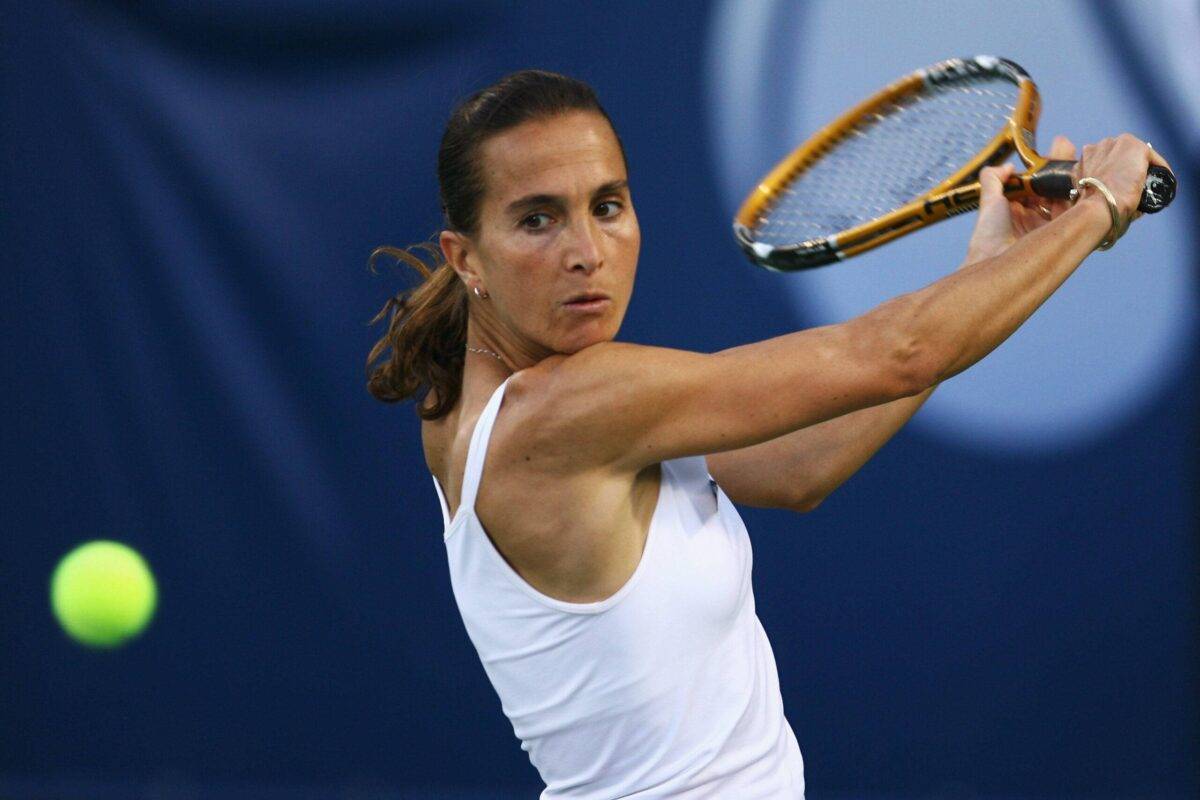 Selima Sfar of Tunisia plays a backhand at the Dubai Tennis Stadium on February 25, 2008 in Dubai, United Arab Emirates [Julian Finney/Getty Images]