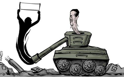 Hundreds of thousands demonstrate in Syria to overthrow the Assad regime - Cartoon [Sabaaneh/Middle East Monitor]