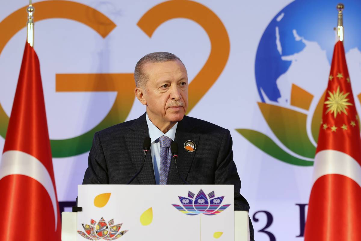 Turkish President Recep Tayyip Erdogan makes remarks during the press conference after the end of the 18th G20 Leaders' Summit in New Delhi, India on September 10, 2023. [Mustafa Kamacı - Anadolu Agency]