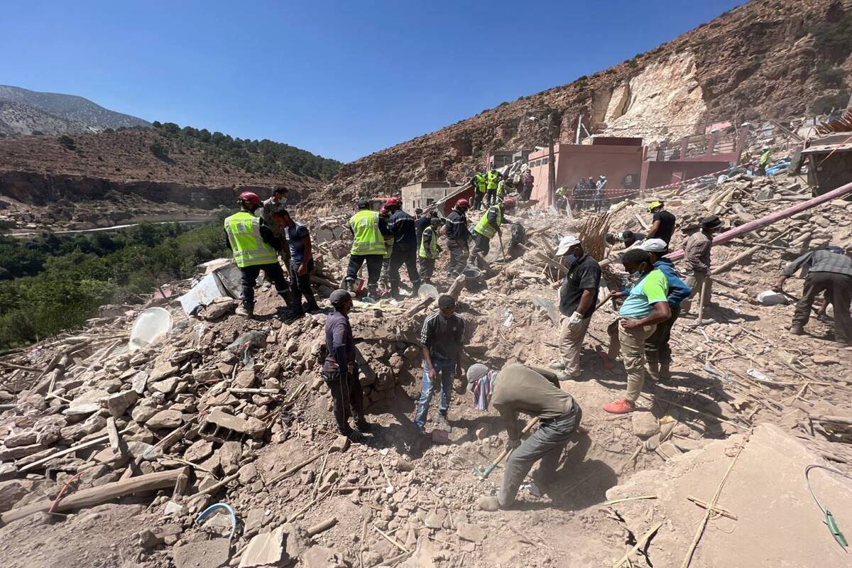Search and rescue operations continue for people trapped under rubble on the fifth day after 7 magnitude earthquake in Talat N'Yaaqoub town of Marrakesh, Morocco on September 13, 2023 [Said Echarif - Anadolu Agency]