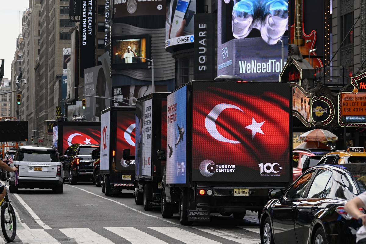 Digital screen-equipped trucks drive around the crowded streets of New York City to promote the "Century of Turkiye" vision as the 78th session of the UN General Assembly starts in New York, United States on September 18, 2023 [Celal Güneş - Anadolu Agency]
