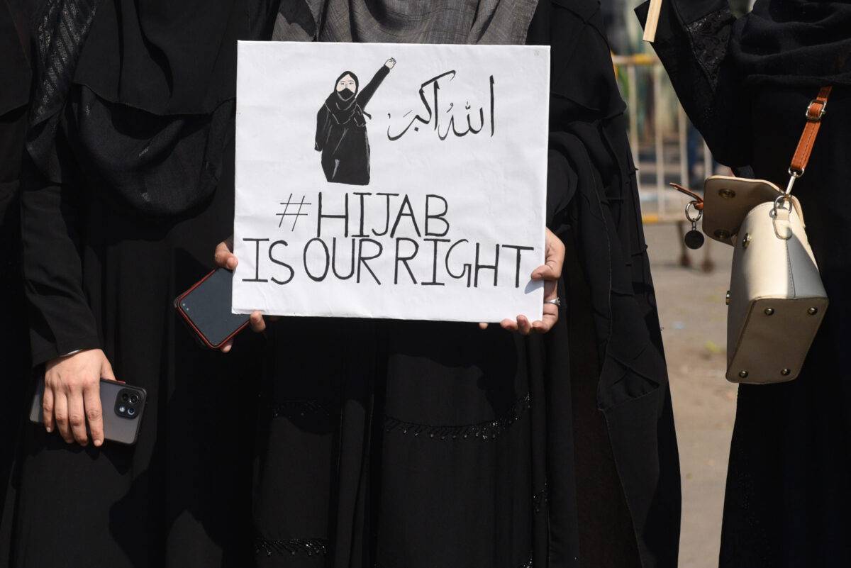 Students of various colleges protest against the Hijab ban by Karnataka government at Park Circus, on February 12, 2022 in Kolkata, India [Samir Jana/Hindustan Times via Getty Images]