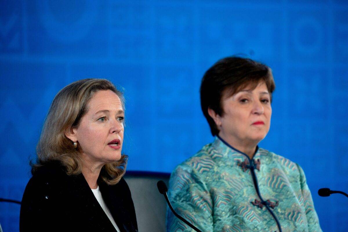 International Monetary Fund (IMF) Managing Director Kristalina Georgieva (R) and International Monetary and Financial Committee Chair Nadia Calvino hold a press conference at IMF headquarters during the World Bank Group and IMF Spring Meetings in Washington, DC, on April 14, 2023 [STEFANI REYNOLDS/AFP via Getty Images]