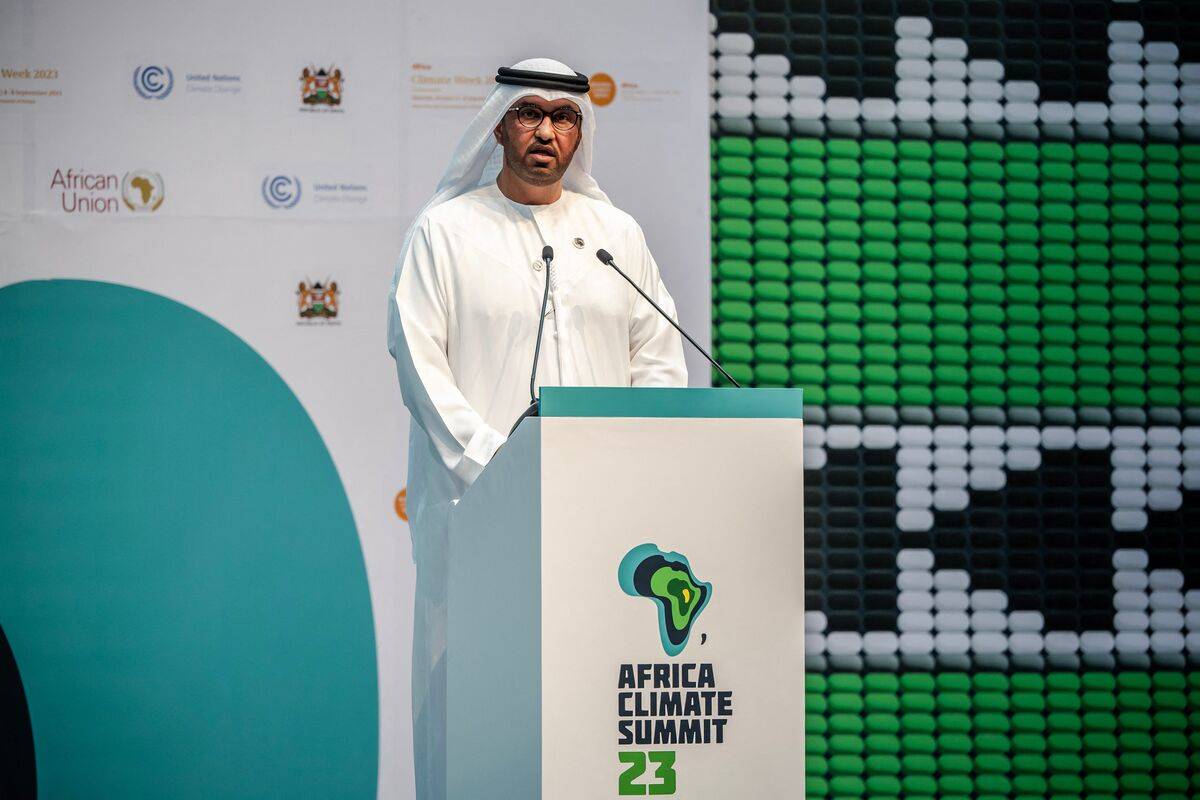COP28 President Sultan Al Jaber delivers his remarks during the Africa Climate Summit 2023 at the Kenyatta International Convention Centre (KICC) in Nairobi on September 5, 2023. [Photo by LUIS TATO/AFP via Getty Images]