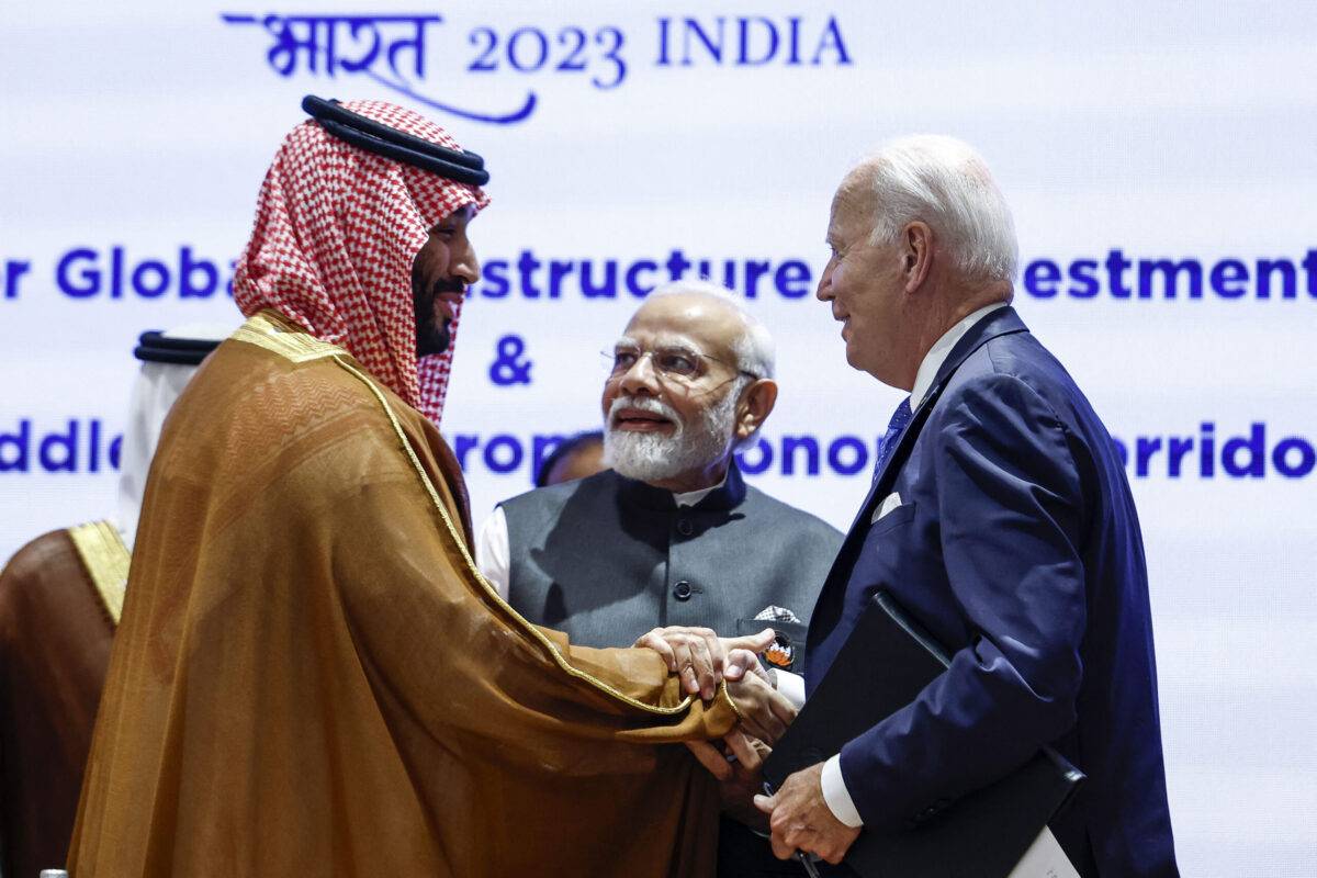 Saudi Arabia's Crown Prince and Prime Minister Mohammed bin Salman (L), India's Prime Minister Narendra Modi (C) and US President Joe Biden attend a session as part of the G20 Leaders' Summit at the Bharat Mandapam in New Delhi on 9 September, 2023 [EVELYN HOCKSTEIN/POOL/AFP via Getty Images]
