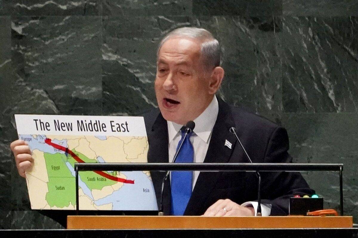 Israeli Prime Minister Benjamin Netanyahu addresses the 78th United Nations General Assembly at UN headquarters in New York City on September 22, 2023 [BRYAN R. SMITH/AFP via Getty Images]