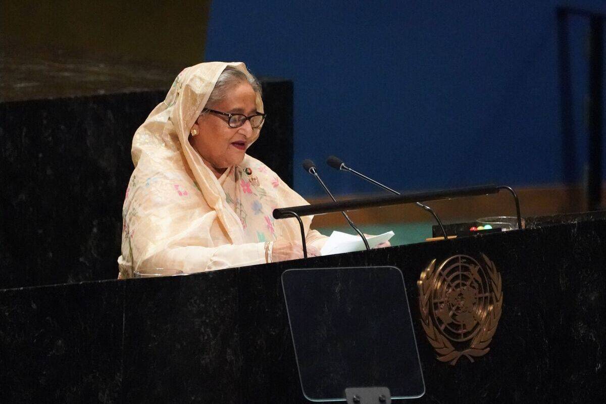 Bangladeshi Prime Minister Sheikh Hasina addresses the 78th United Nations General Assembly at UN headquarters in New York City on September 22, 2023. [Photo by BRYAN R. SMITH/AFP via Getty Images]